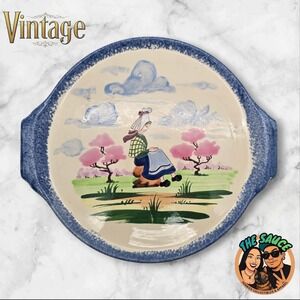 Vintage Fait Main French Hand Painted Ceramic Serving Platter Folk Art Scene